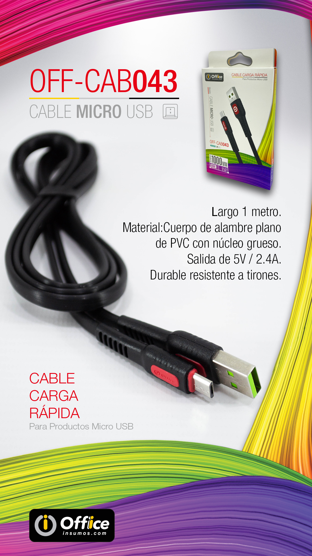 CABLE USB 2.0 A MICRO USB 1.00 MTS OFF-CAB043 2.4 AMP NEGRO FLAT PLANO