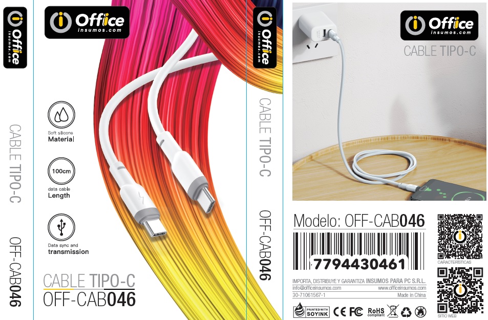 CABLE TIPO C A TIPO C 1.0 MTS 2.4AMP OFF-CAB046 BLANCO OFFICE