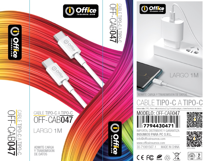 CABLE TIPO C A TIPO C 1.0 MTS RAPID 60W OFF-CAB047 BLANCO OFFICE