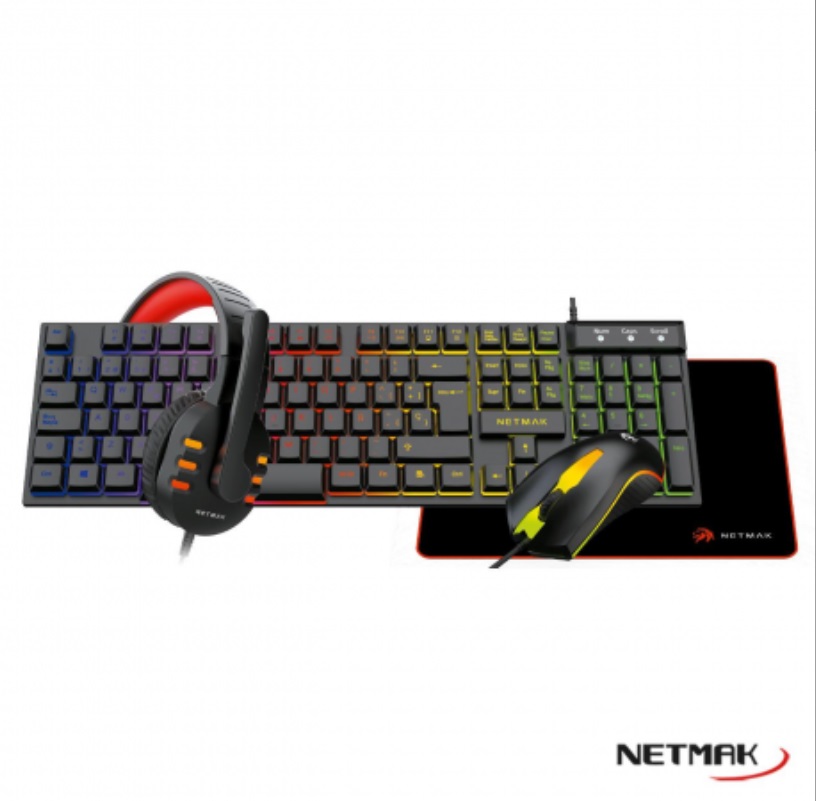 TECLADO COMBO GAMER NM-GC479 + MOUSE +AURICULAR +PAD GAMER RETROILUMINADO 
NETMAK - TECLADO 10040