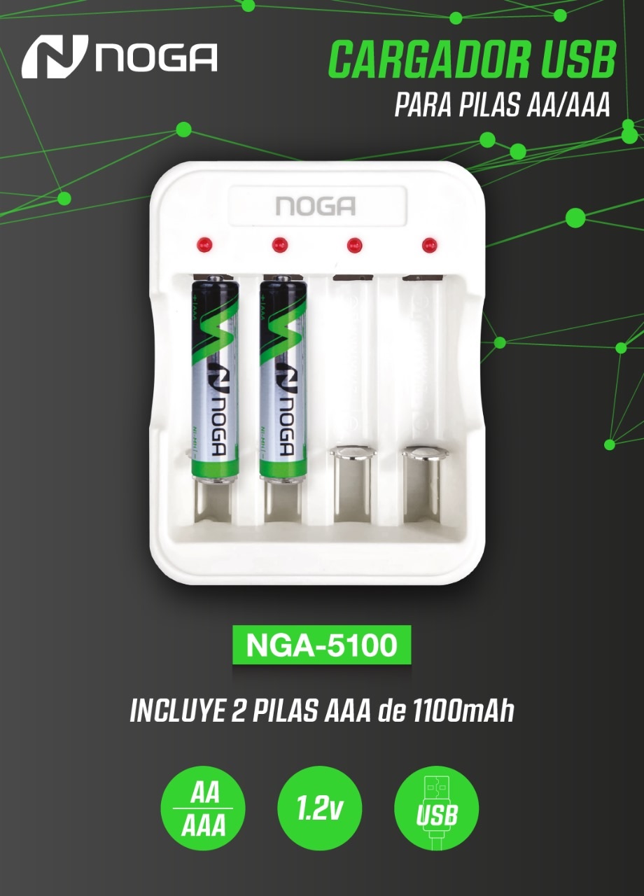 CARGADOR DE PILAS AA /  AAA + 2 PILAS AAA-  NGA-5100  - ALIMENTACION USB - NOGA NET