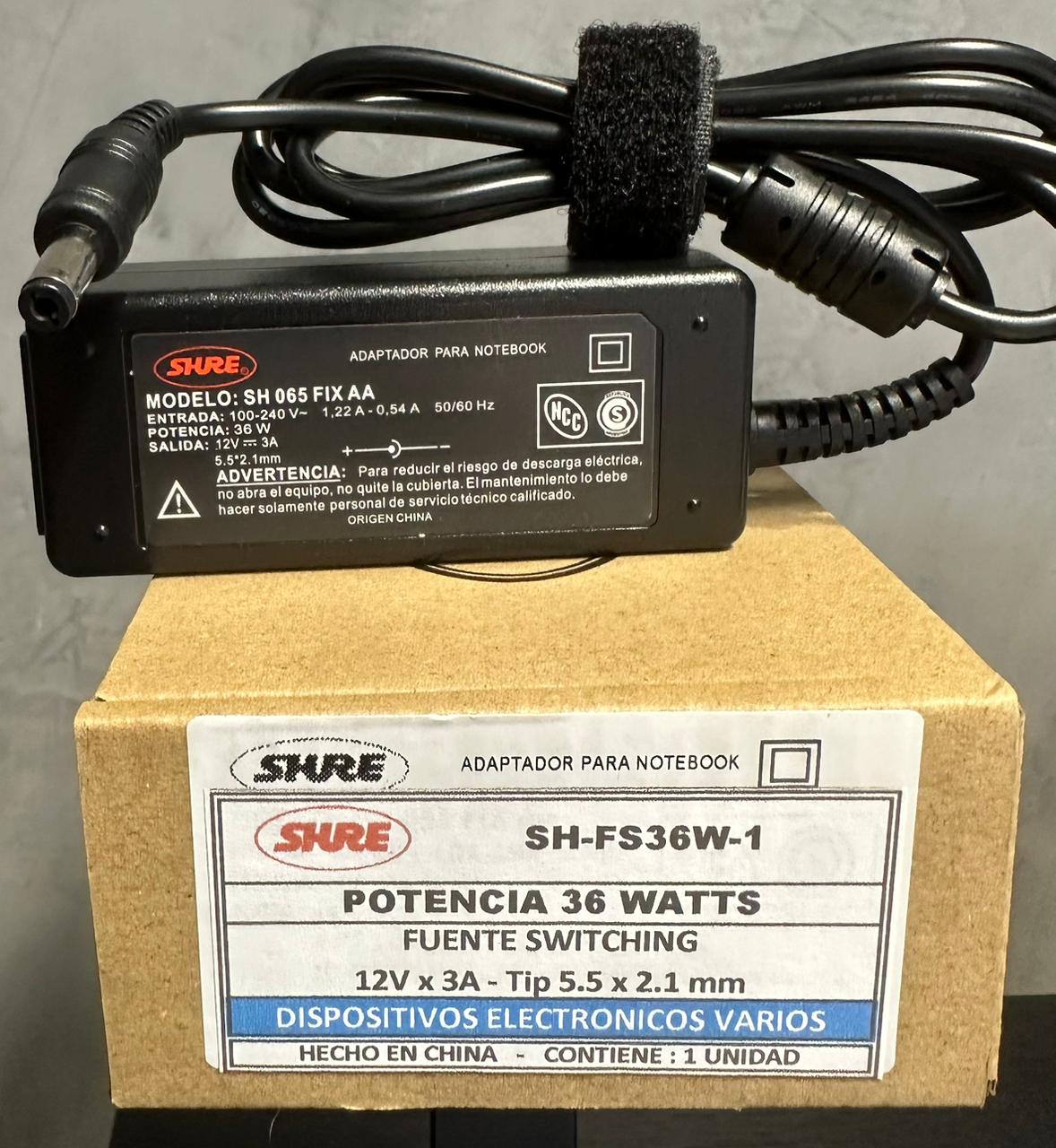 CARGADOR NOTEBOOK SH-FS36-1 SWITCHING 12V/3A - 5.5 X 2.1 MM