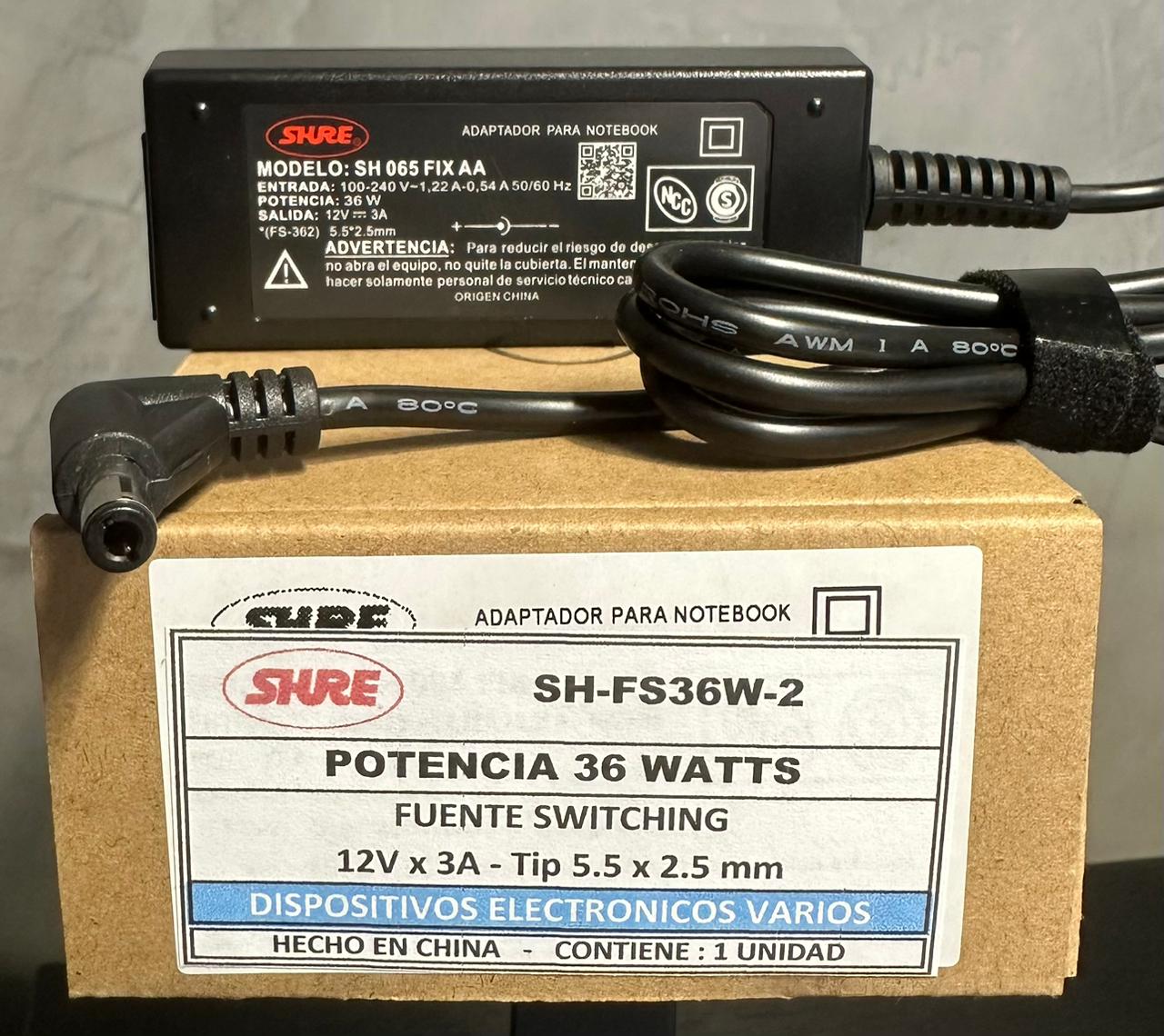 CARGADOR NOTEBOOK SH-FS36-2 SWITCHING 12V/3A - 5.5 X 2.5 MM