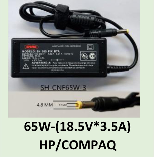 CARGADOR NOTEBOOK SH-CNF65W-3  HP / COMPAQ 18,5V/3,5 AMP - 4.8 X 1,7 MM