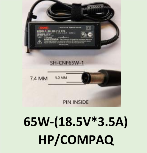 CARGADOR NOTEBOOK SH-CNF65W-1 HP/ COMPAQ 18.5V 3.5 AMP TIP 7.4*5.0 PIN INSIDE