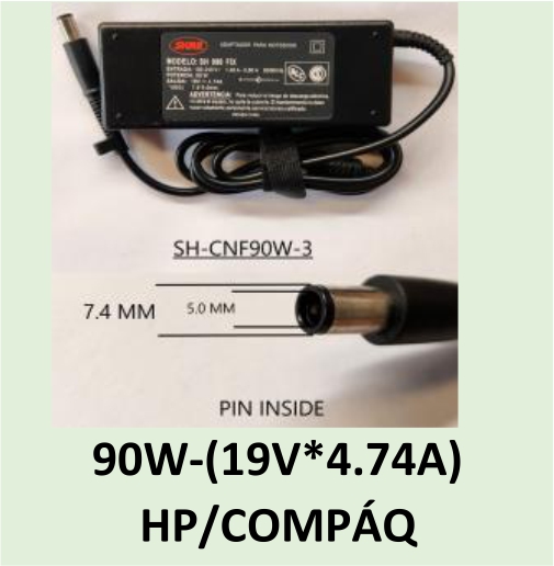 CARGADOR NOTEBOOK SH-CNF90W-3 HP/COMP - 19V/4,74 AMP - 7.4 X 5.0 MM PIN INSIDE