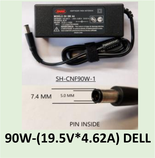 CARGADOR NOTEBOOK SH-CNF90W-1 DELL 19,5V / 4,62 AMP - 7.4 X 5.0 MM PIN INSIDE