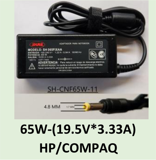 CARGADOR NOTEBOOK SH-CNF65W-11 HP / COMPAQ 19,5V/3,33A - 4.8 X 1.7 MM