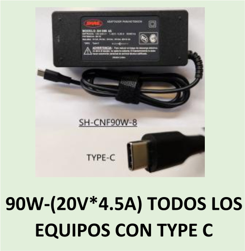 CARGADOR NOTEBOOK SH-CNF90W-8  ACER / ASUS / TOSHIBA / ENVO / DELL / HP / COMPAQ / SAMSUNG  20V/4,25A TYPÉ C