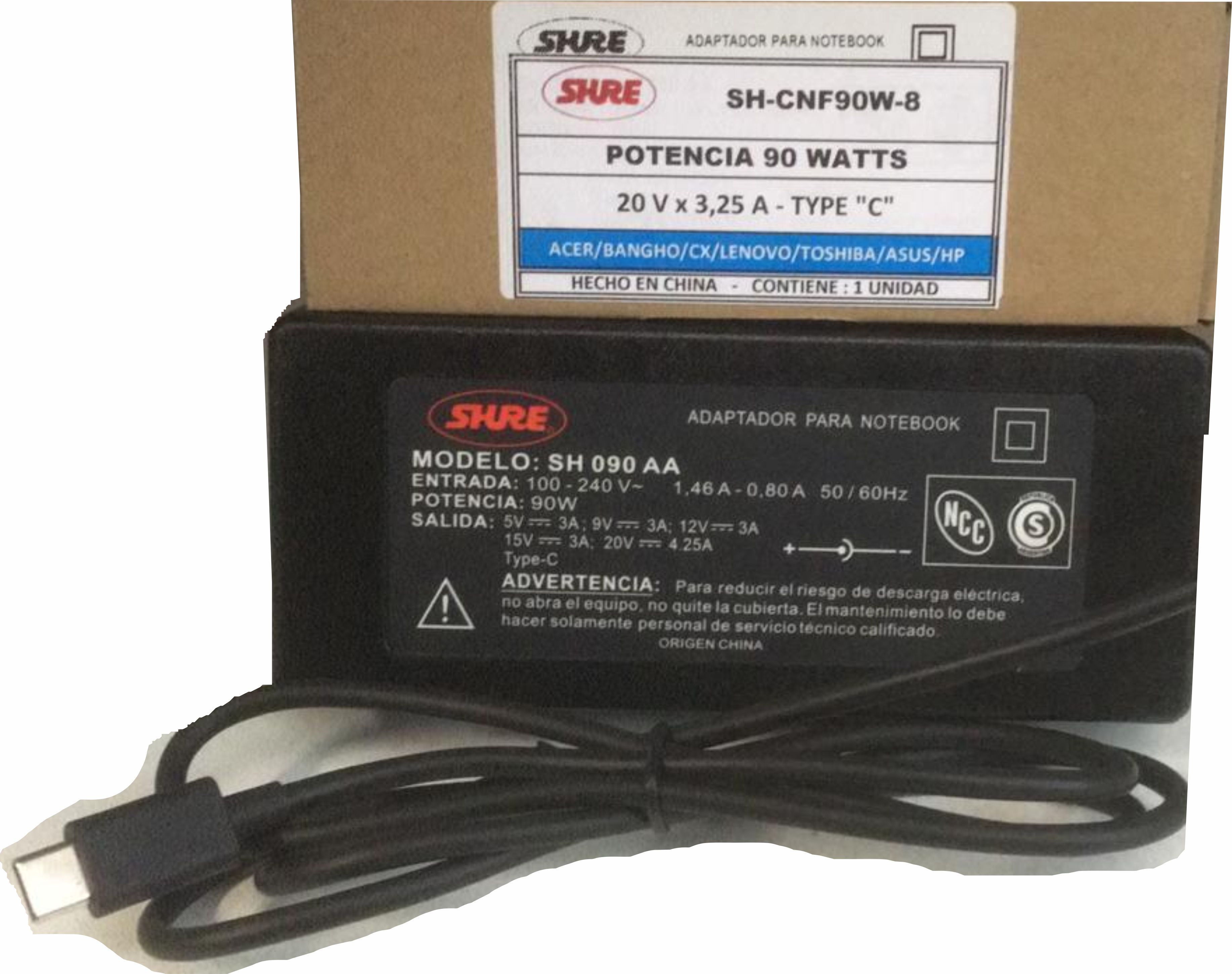 CARGADOR NOTEBOOK SH-CNF90W-8 ACER / ASUS / TOSHIBA / ENVO / DELL / HP / COMPAQ / SAMSUNG 20V/4,25A TYPÉ C - CARGADOR07796