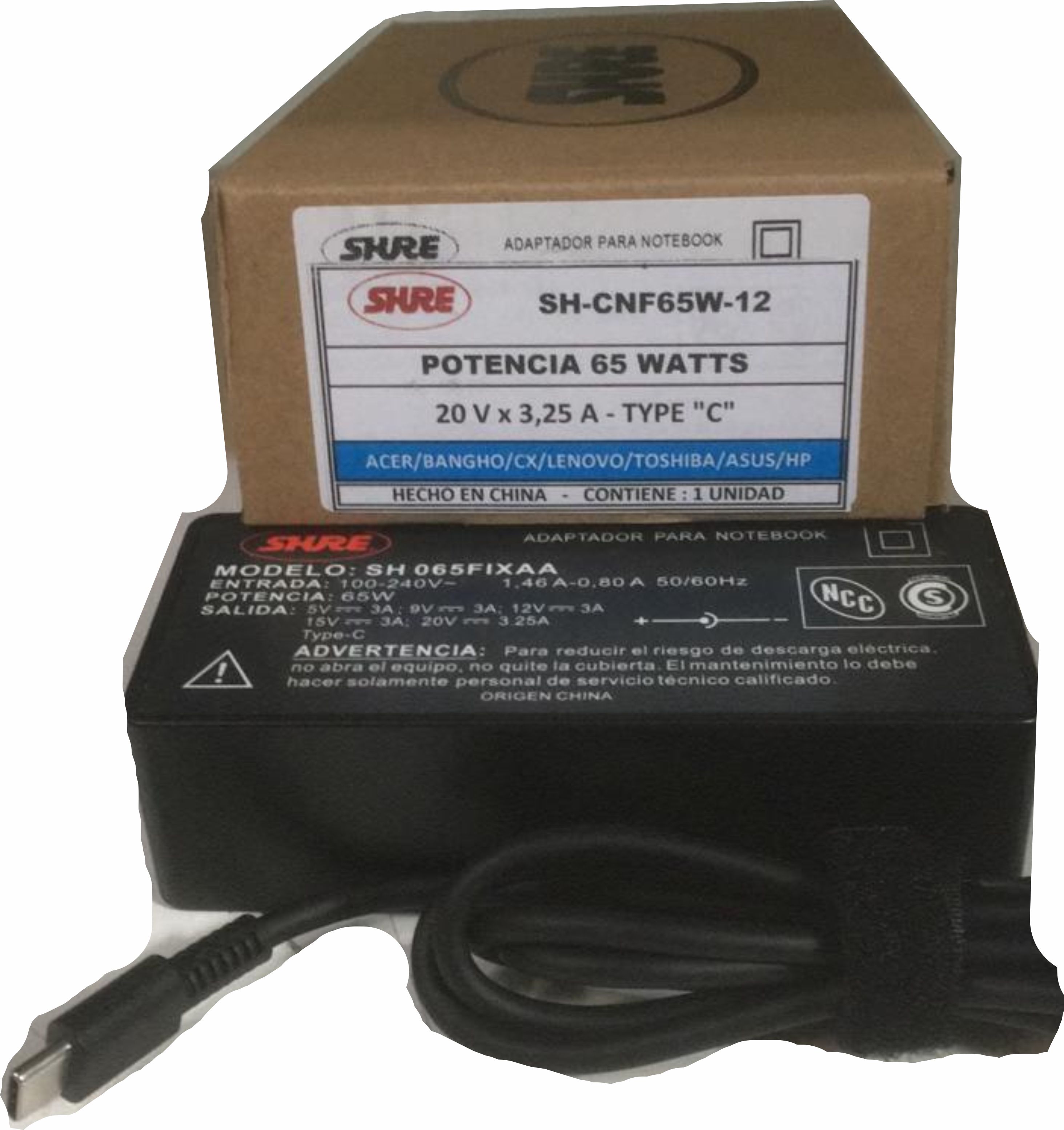 CARGADOR NOTEBOOK SH-CNF65W-12 ACER/ASUS/TOSHIBA/ LENOVO / DELL / HP / COMPAQ /SAMSUNG - 20V/3,25A TYPE C - CARGADOR07804