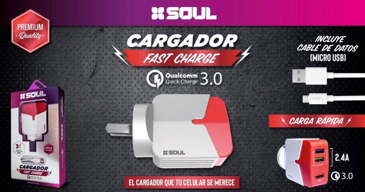 CARGADOR 220V A USB 3 PORT C/CABLE IPHONE ROJO (USB3FCL) HEMBRA 3.4 AMP FAST CHARGE - QUALCOMM® 3.0 C/CABLE IPHONE CVQ-USB3FCL  - SOUL - CARGADOR07971