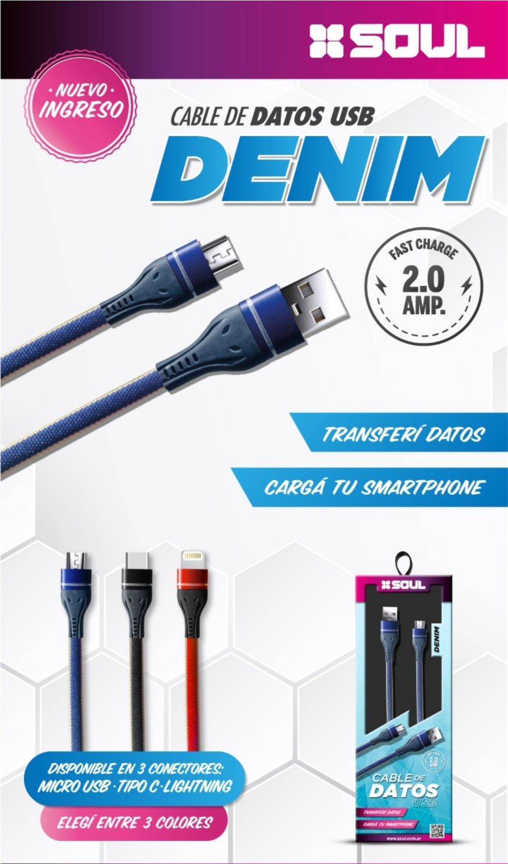 CABLE USB 2.0 A MICRO USB 1.00 MTS USB-DEMICROR DENIM ROJO SOUL -